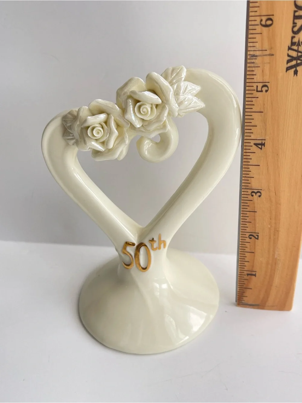 50th Anniversary Cream Ceramic Heart Figurine with Roses